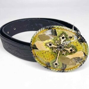 Shu Shu Western Gothic Rhinestone Cross Belt Buckle Chartreuse Leather 32 Artsy